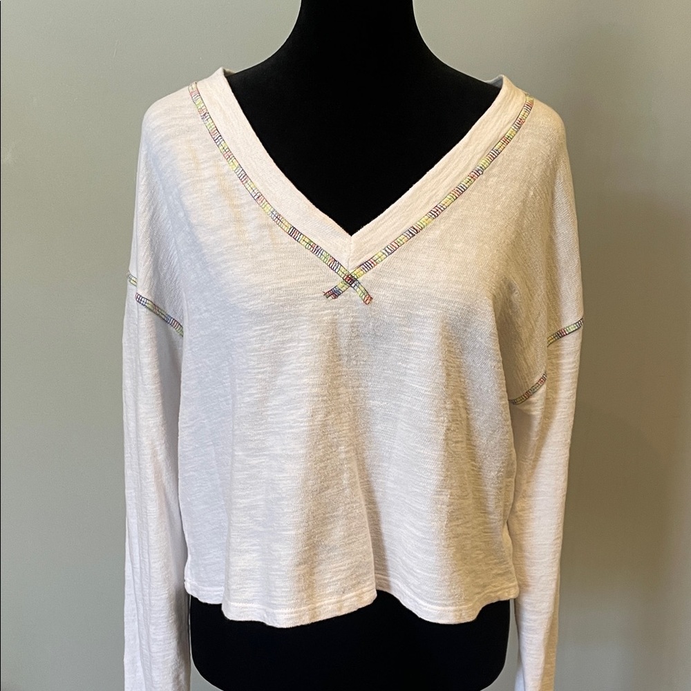 White V-Neck Long Sleeve Top with detailed trim new without tags small